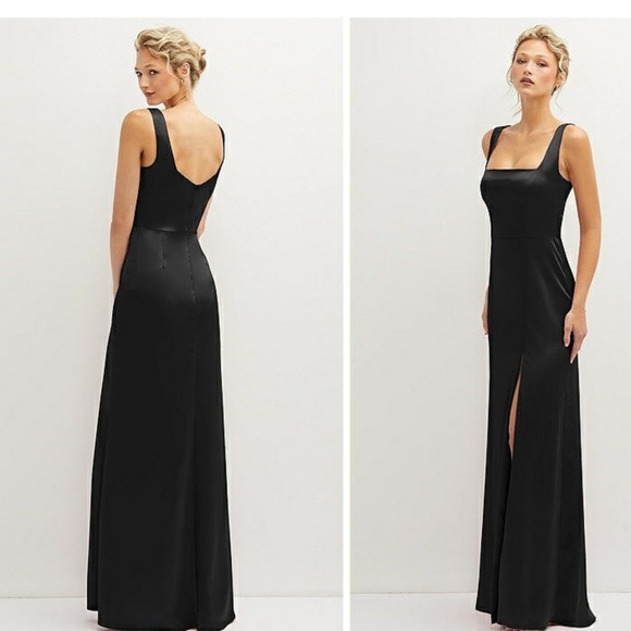 Dessy Group Thread Square Neck Satin A-Line Front Slit Black Maxi Dress NWT Lge - Picture 2 of 12